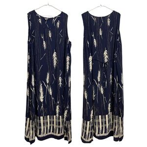 Cattrell Vintage Sleeveless Maxi Dress Size 2XL Blue Print Cream Wheat Ears